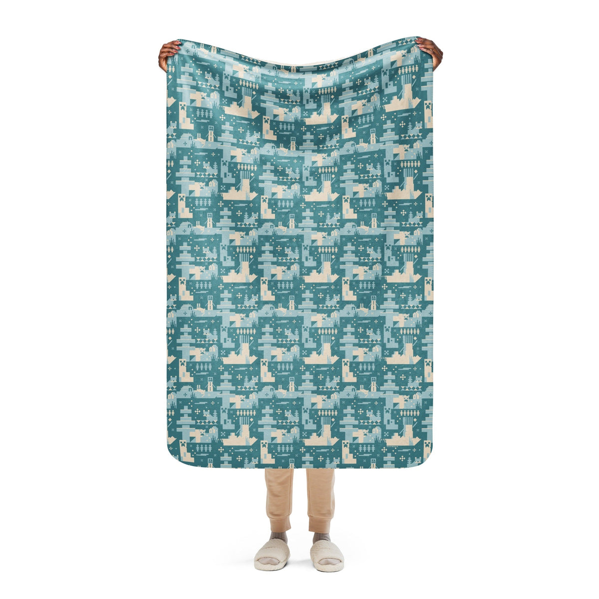 Minecraft Blue Holiday Pattern Sherpa Blanket