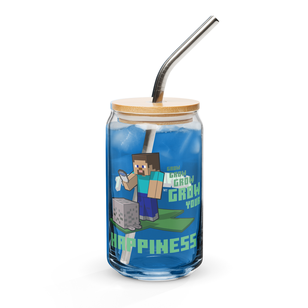 Minecraft Grow Your Happiness Can-Shaped Glass with Lid and Straw